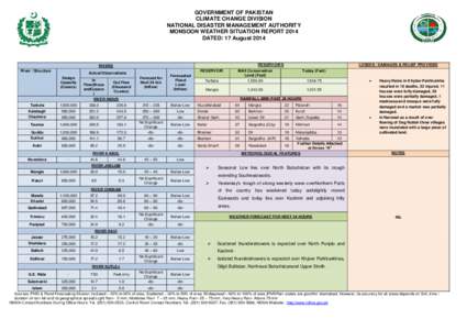 GOVERNMENT OF PAKISTAN CLIMATE CHANGE DIVISION NATIONAL DISASTER MANAGEMENT AUTHORITY MONSOON WEATHER SITUATION REPORT 2014 DATED: 17 August 2014