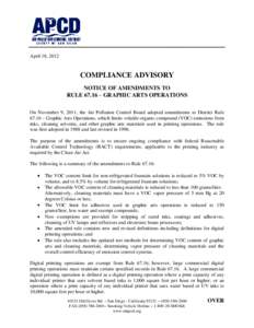 April 18, 2012  COMPLIANCE ADVISORY NOTICE OF AMENDMENTS TO RULE 67.16 – GRAPHIC ARTS OPERATIONS On November 9, 2011, the Air Pollution Control Board adopted amendments to District Rule