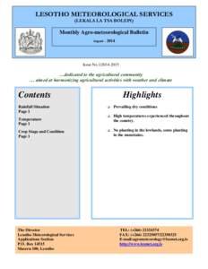 LESOTHO METEOROLOGICAL SERVICES (LEKALA LA TSA BOLEPI) Monthly Agro-meteorological Bulletin August – 2014