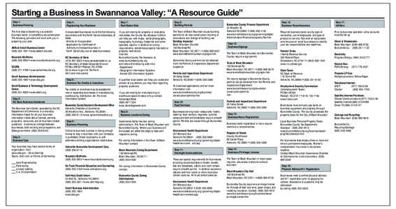 Starting a Business in Swannanoa Valley: “A Resource Guide” Step 1: Business Planning The first step to becoming a successful business owner is completing a business plan. The following providers will work with you i