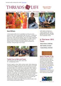 Having trouble viewing this email? Click here  Special Edition 2012 Tours Indonesian Textile Arts | Our Textiles | How to Purchase | Other Products | Field Notes | Tours & Events