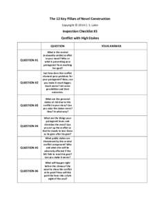 The 12 Key Pillars of Novel Construction Copyright © 2014 C. S. Lakin Inspection Checklist #3 Conflict with High Stakes QUESTION