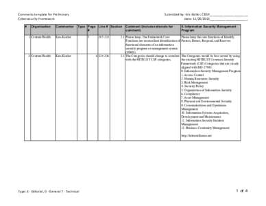 Comments template for Preliminary Cybersecurity Framework # Organization