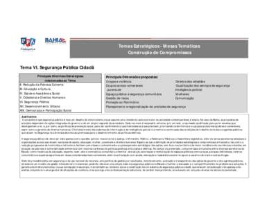 Temas Estratégicos - Mesas Temáticas Construção de Compromissos Tema VI. Segurança Pública Cidadã Principais Diretrizes Estratégicas relacionadas ao Tema II. Redução da Pobreza Extrema