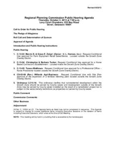 Revised[removed]Regional Planning Commission Public Hearing Agenda Thursday, October 3, 2013 at 7:00 p.m. Levy Court Chambers, 555 Bay Road Dover, Delaware 19901