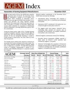 Index Association of Gaming Equipment Manufacturers n the final month of 2014, the AGEM Index reported a composite value of[removed]The December 2014 index represents a decline of 3.74 points[removed]percent) when compared