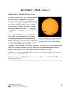 Using Transits to Find Exoplanets Planetary Transits and the 2012 Transit of Venus Just before sunset on June 5, 2012, observers in Canada will be treated to a very special sight: a transit of Venus. A ‘transit’ occu