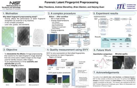 Forensic Latent Fingerprint Preprocessing Mary Theofanos, Andrew Dienstfrey, Brian Stanton, and Haiying Guan 1. Motivation  3. A complex procedure