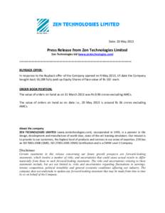 Date: 20 May[removed]Press Release from Zen Technologies Limited Zen Technologies Ltd (www.zentechnologies.com) ============================================================================