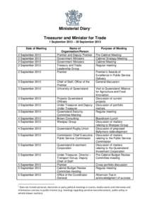 Ministerial Diary 1 Treasurer and Minister for Trade 1 September 2013 – 30 September 2013 Date of Meeting 2 September[removed]September 2013