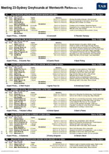 Meeting 23-Sydney Greyhounds at Wentworth Park(Monday 14 Jul) R1 AAA RADIATOR SPECIALISTS MAIDEN MAIDEN $595 280m  Starts 9:15pm