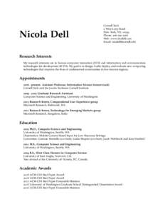 Nicola Dell  Cornell Tech 2 West Loop Road New York, NY, 10044 Phone: 