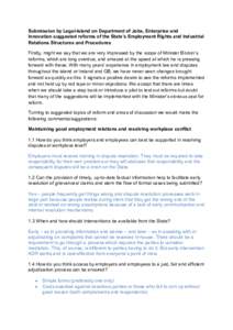 Submission by Legal-Island on Department of Jobs, Enterprise and Innovation suggested reforms of the State’s Employment Rights and Industrial Relations Structures and Procedures Firstly, might we say that we are very i