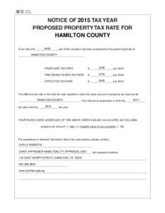 NOTICE OF 2015 TAX YEAR PROPOSED PROPERTY TAX RATE FOR HAMILTON COUNTY