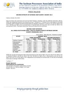 PRESS RELEASE SECOND ESTIMATE OF SOYBEAN CROP SURVEY: KHARIF 2013 Indore, October 28, 2013 Due to excess and continues rains during Kharif Season, Soybean yield has affected adversely. Hence, SOPA has conducted Second Cr