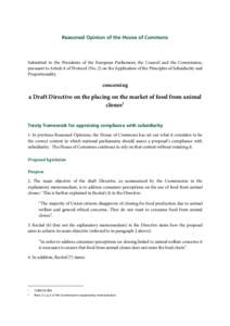 Reasoned Opinion of the House of Commons  Submitted to the Presidents of the European Parliament, the Council and the Commission, pursuant to Article 6 of Protocol (No. 2) on the Application of the Principles of Subsidia