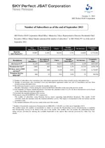 News Release October 2, 2013 SKY Perfect JSAT Corporation Number of Subscribers as of the end of September 2013