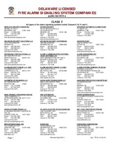 DELAWARE LICENSED FIRE ALARM SIGNALING SYSTEM COMPANIES public list 2014 a CLASS I All types of fire alarm signaling systems under Classes II, III, IV and V.