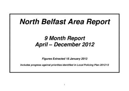 North Belfast Area Report 9 Month Report April – December 2012 Figures Extracted 18 January 2013 Includes progress against priorities identified in Local Policing Plan[removed]