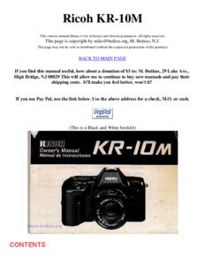 Ricoh KR-10M This camera manual library is for reference and historical purposes, all rights reserved. This page is copyright by [removed], M. Butkus, N.J. This page may not be sold or distributed without the expre