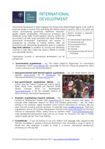 INTERNATIONAL DEVELOPMENT International development is about engaging with economically disadvantaged regions in the world to empower people to improve their well-being and address causes of poverty. Jobs in this sector 