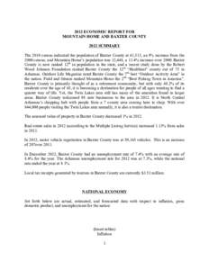 2012 ECONOMIC REPORT FOR MOUNTAIN HOME AND BAXTER COUNTY 2012 SUMMARY The 2010 census indicated the population of Baxter County at 41,513, an 8% increase from the 2000 census; and Mountain Home’s population was 12,448,