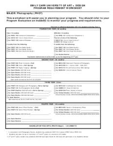 EMILY CARR UNIVERSITY OF ART + DESIGN PROGRAM REQUIREMENT WORKSHEET MAJOR: Photography (PHOT) This worksheet will assist you in planning your program. You should refer to your Program Evaluation on insideEC to monitor yo