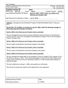 State of California Franchise Tax Board-Legislative Services Bureau PO Box 1468 MS A350 Sacramento, CA[removed]Telephone: ([removed]