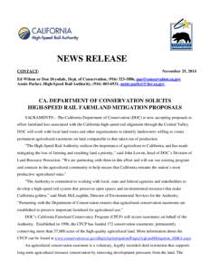 NEWS RELEASE CONTACT: November 25, 2014  Ed Wilson or Don Drysdale, Dept. of Conservation, ([removed], [removed]