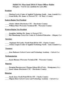 SkillsUSA Maryland[removed]State Officer Ballot Delegates - Vote for one candidate for each office President _____Marlena Lewis (Center of Applied Technology South – Anne Arundel Co.) _____Grant Kelley (Dr. James A. Fo