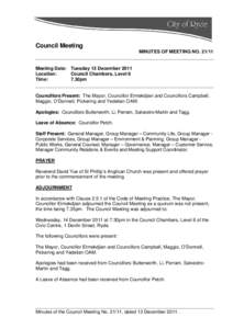 Council Meeting MINUTES OF MEETING NO[removed]Meeting Date: Tuesday 13 December 2011 Location: Council Chambers, Level 6