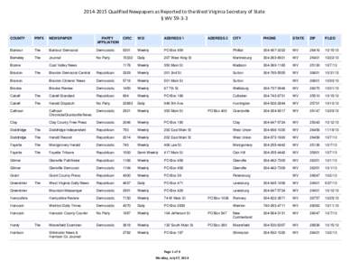 [removed]Qualified Newpapers as Reported to the West Virginia Secretary of State § WV[removed]COUNTY  PRFX