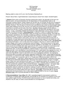 CIP Committee Draft Minutes Thursday, October 2, 2014 6:30 pm Meeting called to order at 6:31 pm in the Fire Station Meeting Room Present: Steve Felton, Ingrid Heidenreich, Susan MacLeod, David Toth; Absent: Kendall Hugh