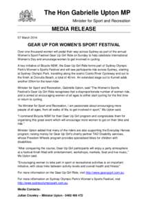 The Hon Gabrielle Upton MP Minister for Sport and Recreation MEDIA RELEASE 07 March 2014