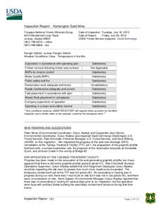 Inspection Report: Kensington Gold Mine Tongass National Forest, Minerals Group 8510 Mendenhall Loop Road Juneau, Alaska[removed]6276 – office[removed] – fax