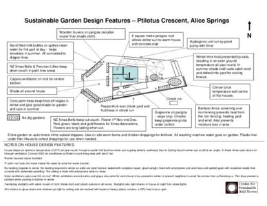 Sustainable Garden Design Features – Ptilotus Crescent, Alice Springs Wooden louvers on pergola (wooden cooler than shade cloth) Sand filled milk bottles on spikes retain water for hot part of day – helps tomatoes in