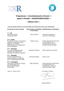 Programme « Investissements d’Avenir » Appel à Projets « BIOINFORMATIQUE » - Edition 2011 Liste des projets classés A et recommandés pour financement par le jury international: Acronyme et titre du projet 1er : 