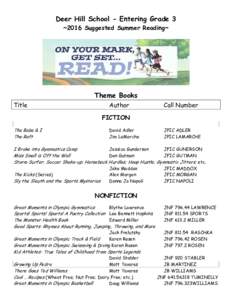 Deer Hill School - Entering Grade 3 ~2016 Suggested Summer Reading~ Theme Books Title