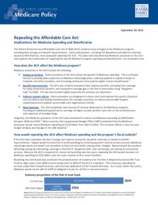 K A I S E R   FA M I LY   F O U N DAT I O N  Medicare Policy September 10, 2012  Repealing the Affordable Care Act:
