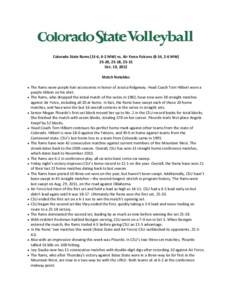 Colorado State Rams (13-6, 6-2 MW) vs. Air Force Falcons (8-14, 2-6 MW[removed], 25-18, 25-15 Oct. 19, 2012 Match Notables • The Rams wore purple hair accessories in honor of Jessica Ridgeway. Head Coach Tom Hilbert wore