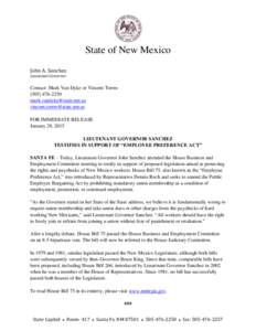 State of New Mexico John A. Sanchez Lieutenant Governor Contact: Mark Van Dyke or Vincent Torres