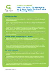 Position Statement  Weight Loss Surgery (Bariatric Surgery) and its Use in Treating Obesity or Treating and Preventing Diabetes