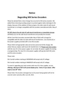 Notice Regarding MX Series Encoders Please be advised that a minor change has occurred to MX series encoders. We added three internal grounding jumpers to protect against static discharge to the display. Because of the a