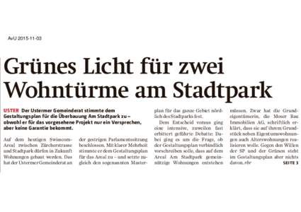 AvUGrünes Licht für zwei Wohntürme am Stadtpark USTER Der Ustermer Gemeinderat stimmte dem Gestaltungsplan für die Überbauung Am Stadtpark zu –