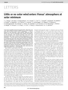 Vol 450 | 29 November 2007 | doi:nature06026  LETTERS Little or no solar wind enters Venus’ atmosphere at solar minimum T. L. Zhang1,9, M. Delva1, W. Baumjohann1, H.-U. Auster2, C. Carr4, C. T. Russell5, S. Bar