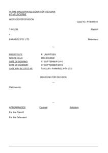 Taylor v Parkrec Pty Ltd - Workcover decision (PDF 56KB - 6 pages)