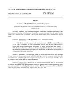 TWELFTH NORTHERN MARIANAS COMMONWEALTH LEGISLATURE PUBLIC LAW NO[removed]SECOND REGULAR SESSION, 2000 H. B. NO[removed]______________________________________________________________________________