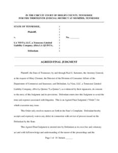 IN THE CIRCUIT COURT OF SHELBY COUNTY, TENNESSEE FOR THE THIRTEENTH JUDICIAL DISTRICT AT MEMPHIS, TENNESSEE STATE OF TENNESSEE, Plaintiff, v.