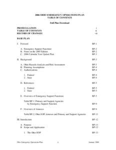 2006 OHIO EMERGENCY OPERATIONS PLAN TABLE OF CONTENTS Full Plan Download PROMULGATION TABLE OF CONTENTS RECORD OF CHANGES