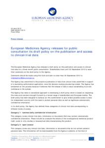 Press release - Draft policy on publication and release of clinical trial data - JUN 2013